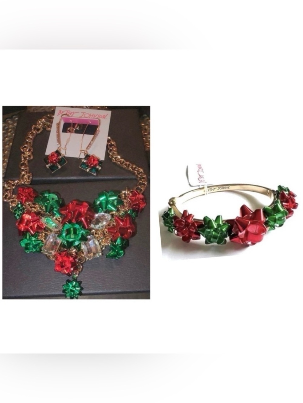 BETSEY JOHNSON SET Christmas Holiday Bows Necklace Earrings Bracelet NEW NWT